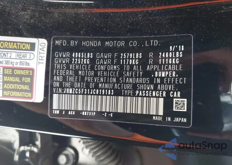 2018 Honda Clarity Plug-In Hybrid Touring из США, поврежденный, VIN JHMZC5F31JC019183